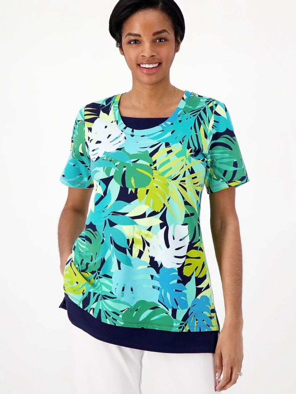 QVC Sport Savvy Cotton French Terry Scoop Neck Tunic Printed sz 5X Blue Green
